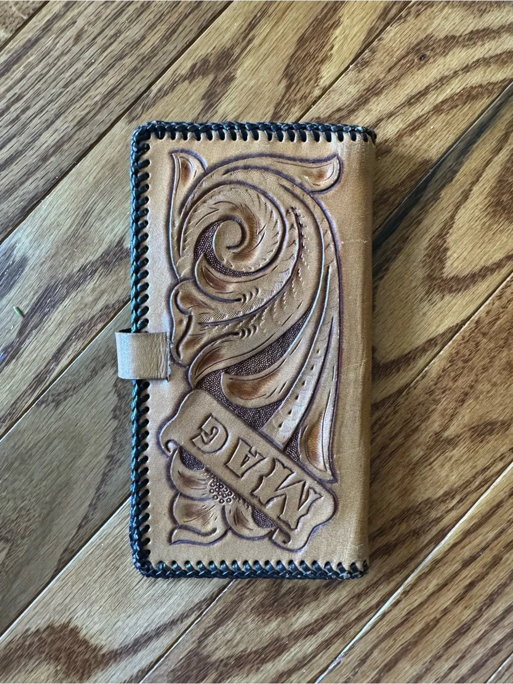 Tan Floral Tooled Leather Phone Wallet - Women's Accessory